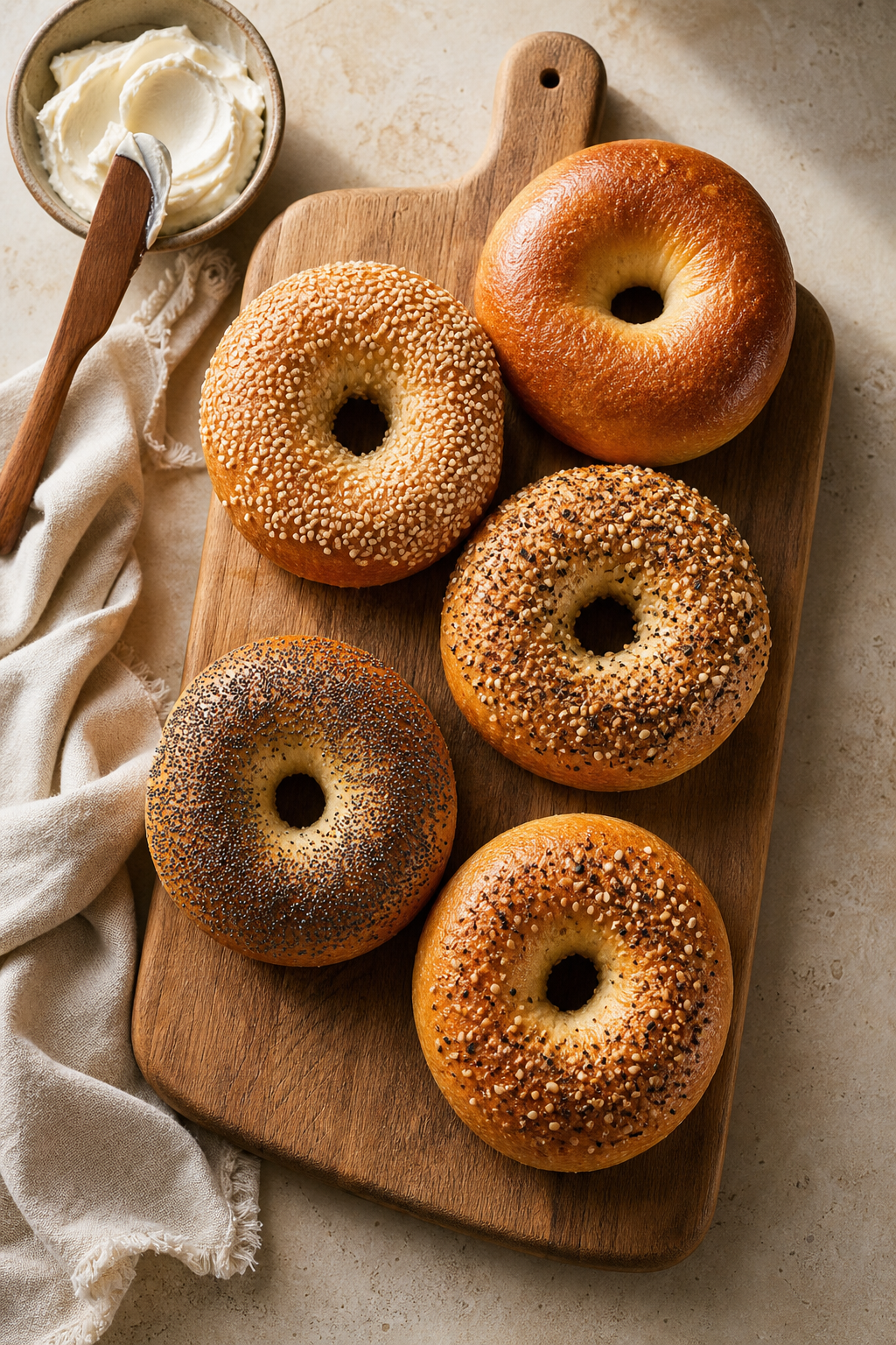 Fresh-baked bagels on a wooden board